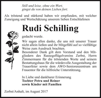 Traueranzeige von Rudi Schilling  von Magdeburger Volksstimme