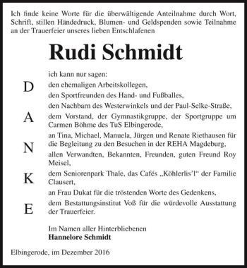 Traueranzeige von Rudi Schmidt  von Magdeburger Volksstimme