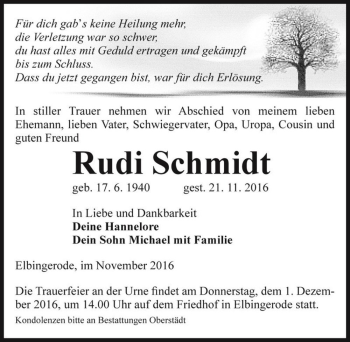 Traueranzeige von Rudi Schmidt  von Magdeburger Volksstimme