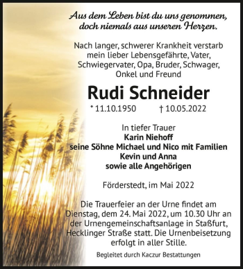 Traueranzeige von Rudi Schneider  von Magdeburger Volksstimme