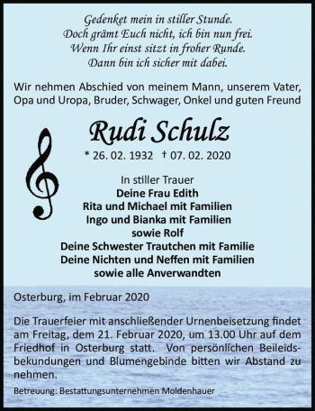 Traueranzeige von Rudi Schulz  von Magdeburger Volksstimme