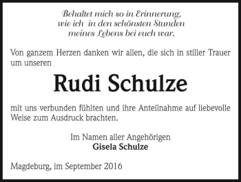 Traueranzeige von Rudi Schulze  von Magdeburger Volksstimme