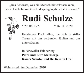 Traueranzeige von Rudi Schulze  von Magdeburger Volksstimme