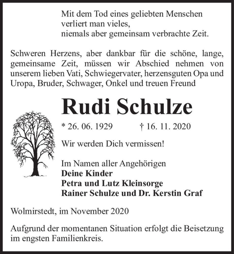  Traueranzeige für Rudi Schulze  vom 21.11.2020 aus Magdeburger Volksstimme