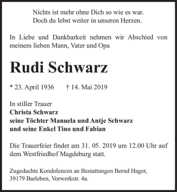 Traueranzeige von Rudi Schwarz  von Magdeburger Volksstimme