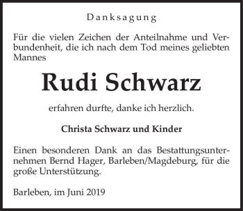 Traueranzeige von Rudi Schwarz  von Magdeburger Volksstimme