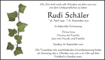 Traueranzeige von Rudi Schäler  von Magdeburger Volksstimme