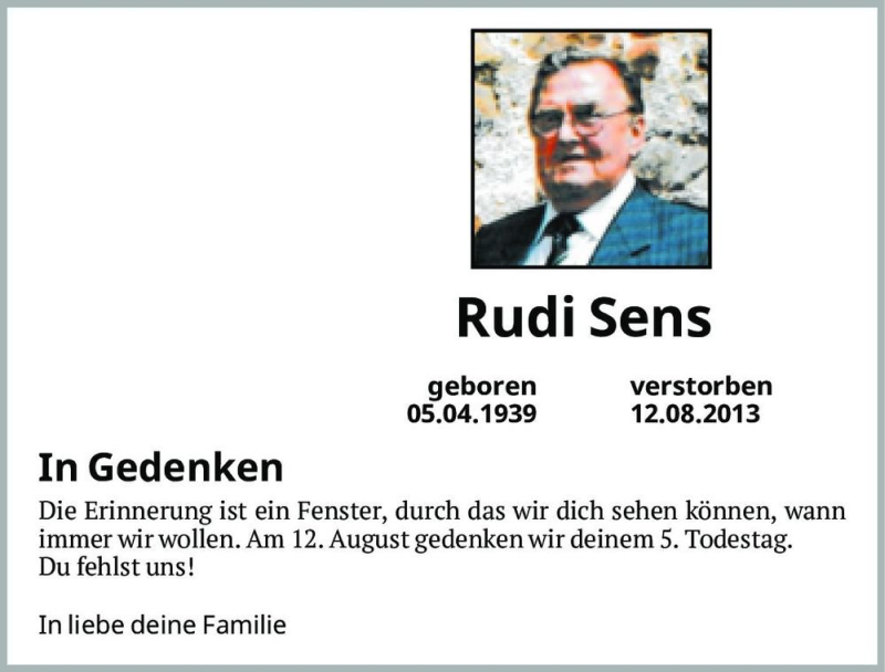  Traueranzeige für Rudi Sens  vom 13.08.2018 aus Magdeburger Volksstimme