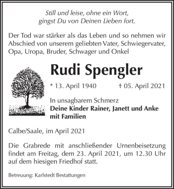 Traueranzeige von Rudi Spengler  von Magdeburger Volksstimme