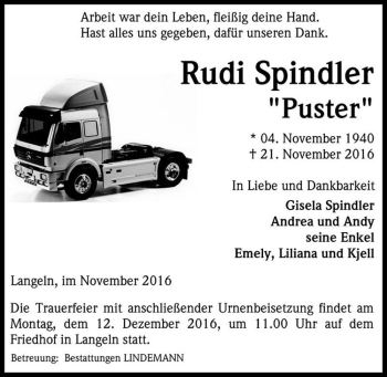 Traueranzeige von Rudi Spindler 