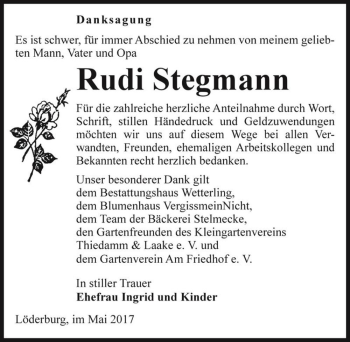 Traueranzeige von Rudi Stegmann  von Magdeburger Volksstimme