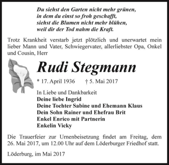 Traueranzeige von Rudi Stegmann  von Magdeburger Volksstimme