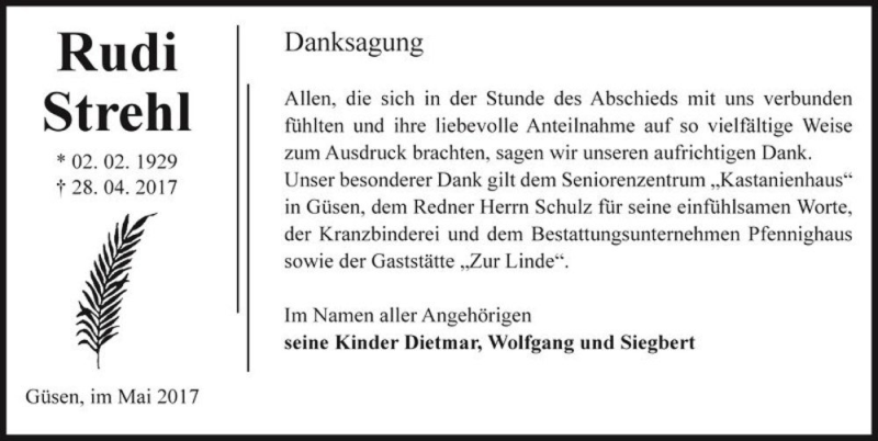  Traueranzeige für Rudi Strehl  vom 20.05.2017 aus Magdeburger Volksstimme