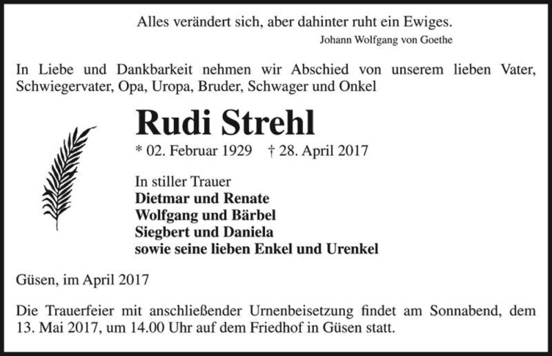  Traueranzeige für Rudi Strehl  vom 06.05.2017 aus Magdeburger Volksstimme