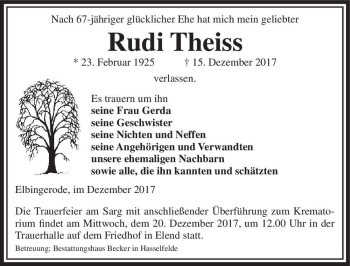 Traueranzeige von Rudi Theiss  von Magdeburger Volksstimme