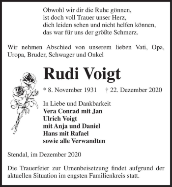 Traueranzeige von Rudi Voigt  von Magdeburger Volksstimme