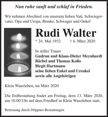 Traueranzeige von Rudi Walter  von Magdeburger Volksstimme