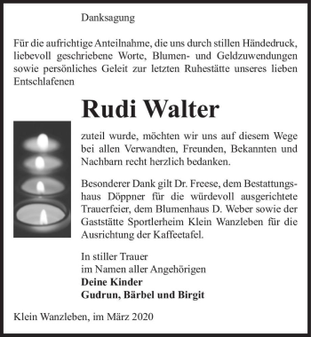 Traueranzeige von Rudi Walter  von Magdeburger Volksstimme