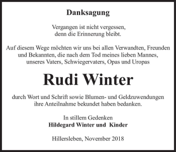 Traueranzeige von Rudi Winter  von Magdeburger Volksstimme