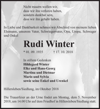 Traueranzeige von Rudi Winter  von Magdeburger Volksstimme