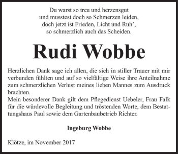 Traueranzeige von Rudi Wobbe  von Magdeburger Volksstimme