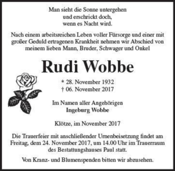 Traueranzeige von Rudi Wobbe  von Magdeburger Volksstimme