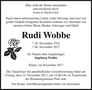 Traueranzeige von Rudi Wobbe  von Magdeburger Volksstimme
