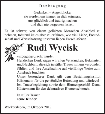 Traueranzeige von Rudi Wycisk  von Magdeburger Volksstimme