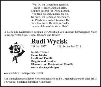 Traueranzeige von Rudi Wycisk  von Magdeburger Volksstimme