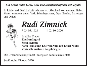 Traueranzeige von Rudi Zimnick  von Magdeburger Volksstimme