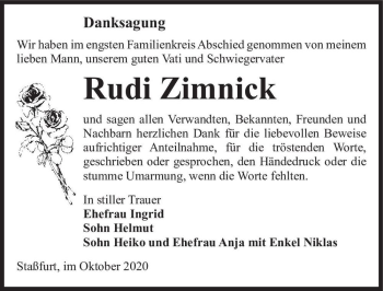 Traueranzeige von Rudi Zimnick  von Magdeburger Volksstimme