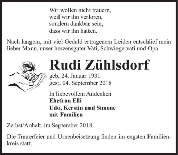 Traueranzeige von Rudi Zühlsdorf  von Magdeburger Volksstimme