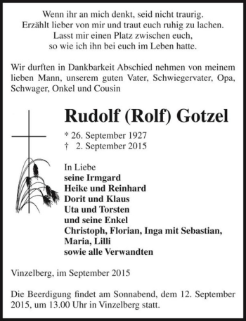 Traueranzeige von Rudolf (Rolf) Gotzel  von Magdeburger Volksstimme
