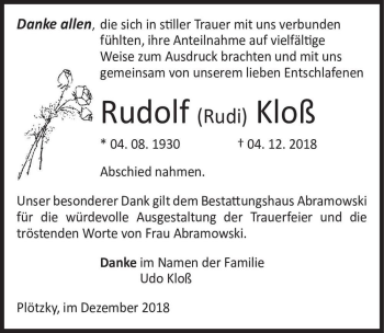 Traueranzeige von Rudolf (Rudi) Kloß  von Magdeburger Volksstimme