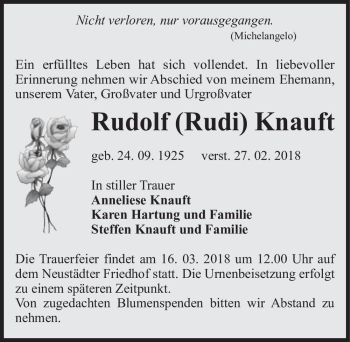 Traueranzeige von Rudolf (Rudi) Knauft  von Magdeburger Volksstimme