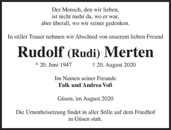 Traueranzeige von Rudolf (Rudi) Merten  von Magdeburger Volksstimme