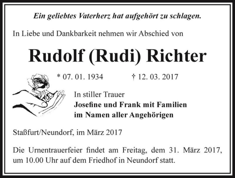  Traueranzeige für Rudolf (Rudi) Richter  vom 28.03.2017 aus Magdeburger Volksstimme
