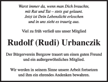 Traueranzeige von Rudolf (Rudi) Urbanczik  von Magdeburger Volksstimme