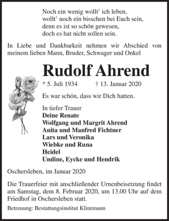 Traueranzeige von Rudolf Ahrend  von Magdeburger Volksstimme