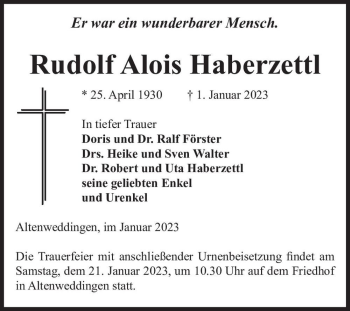 Traueranzeige von Rudolf Alois Haberzettl  von Magdeburger Volksstimme