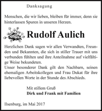 Traueranzeige von Rudolf Aulich  von Magdeburger Volksstimme