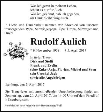 Traueranzeige von Rudolf Aulich  von Magdeburger Volksstimme