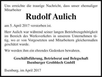 Traueranzeige von Rudolf Aulich  von Magdeburger Volksstimme