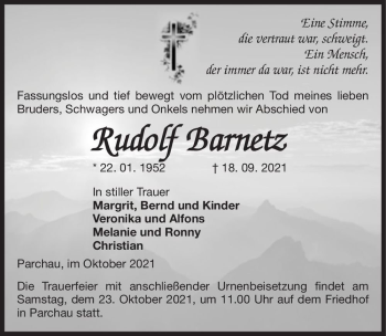 Traueranzeige von Rudolf Barnetz  von Magdeburger Volksstimme