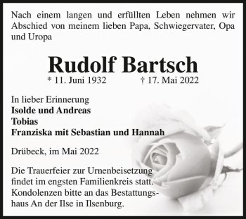 Traueranzeige von Rudolf Bartsch  von Magdeburger Volksstimme