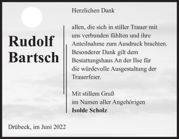 Traueranzeige von Rudolf Bartsch  von Magdeburger Volksstimme