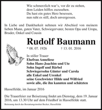 Traueranzeige von Rudolf Baumann  von Magdeburger Volksstimme