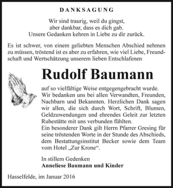 Traueranzeige von Rudolf Baumann  von Magdeburger Volksstimme