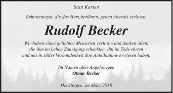 Traueranzeige von Rudolf Becker  von Magdeburger Volksstimme