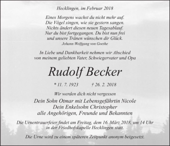Traueranzeige von Rudolf Becker  von Magdeburger Volksstimme